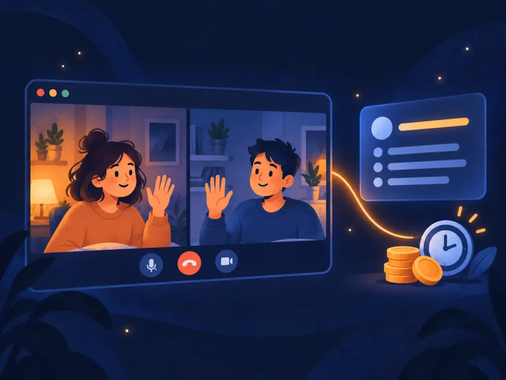 Illustration: a video call screen with an on-screen notice, a few coins and a timer