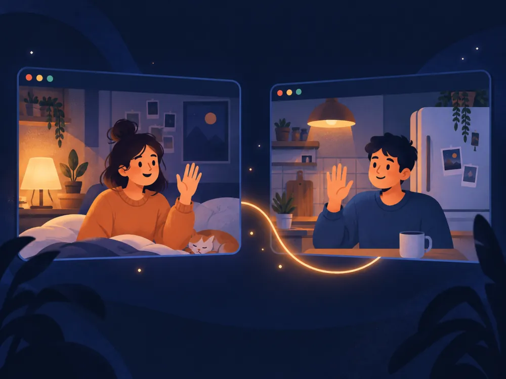 Illustration: two strangers waving at each other from their own rooms on a FoxChat Video call