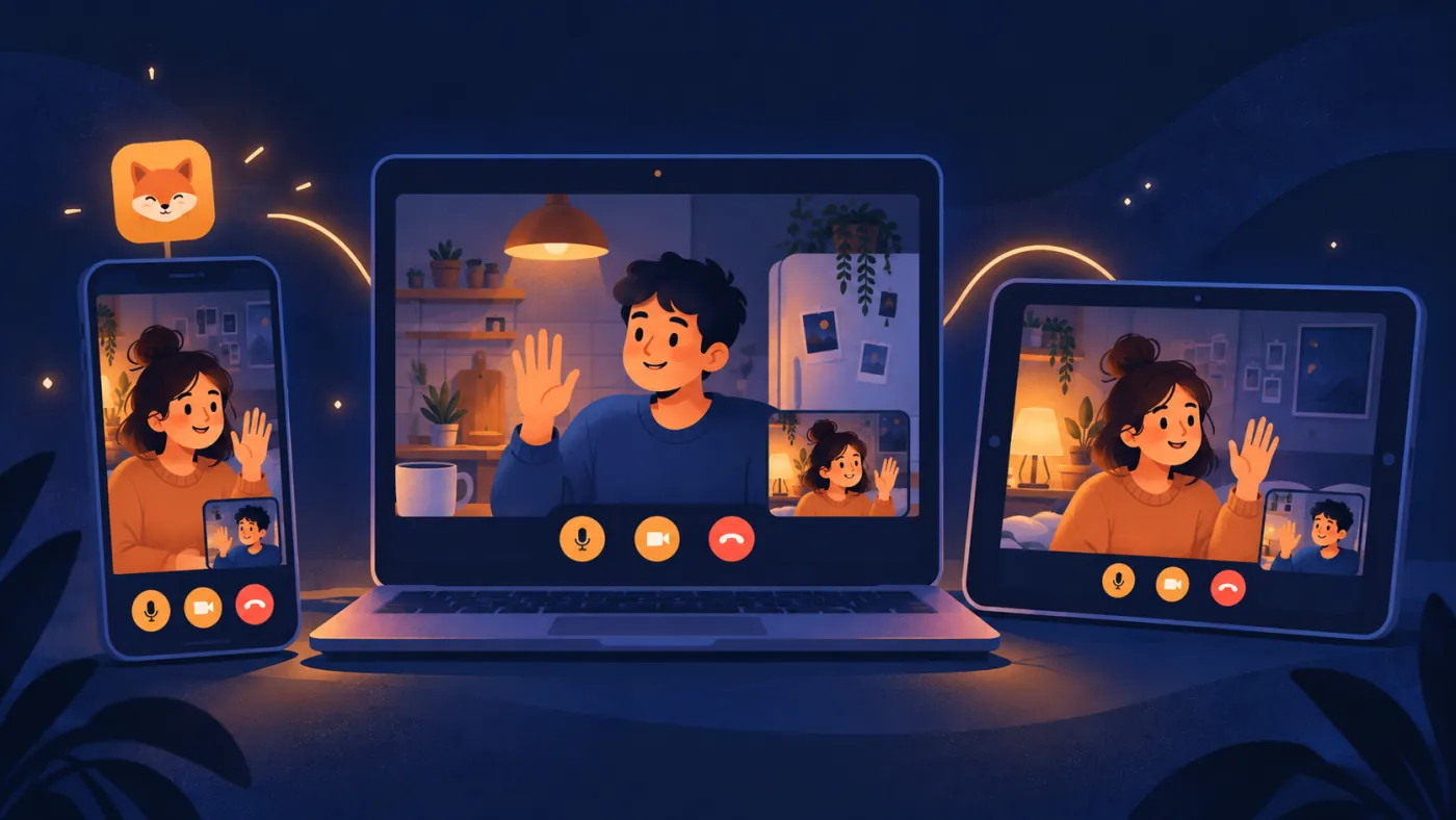Illustration: the same FoxChat Video call on a phone, a laptop and a tablet