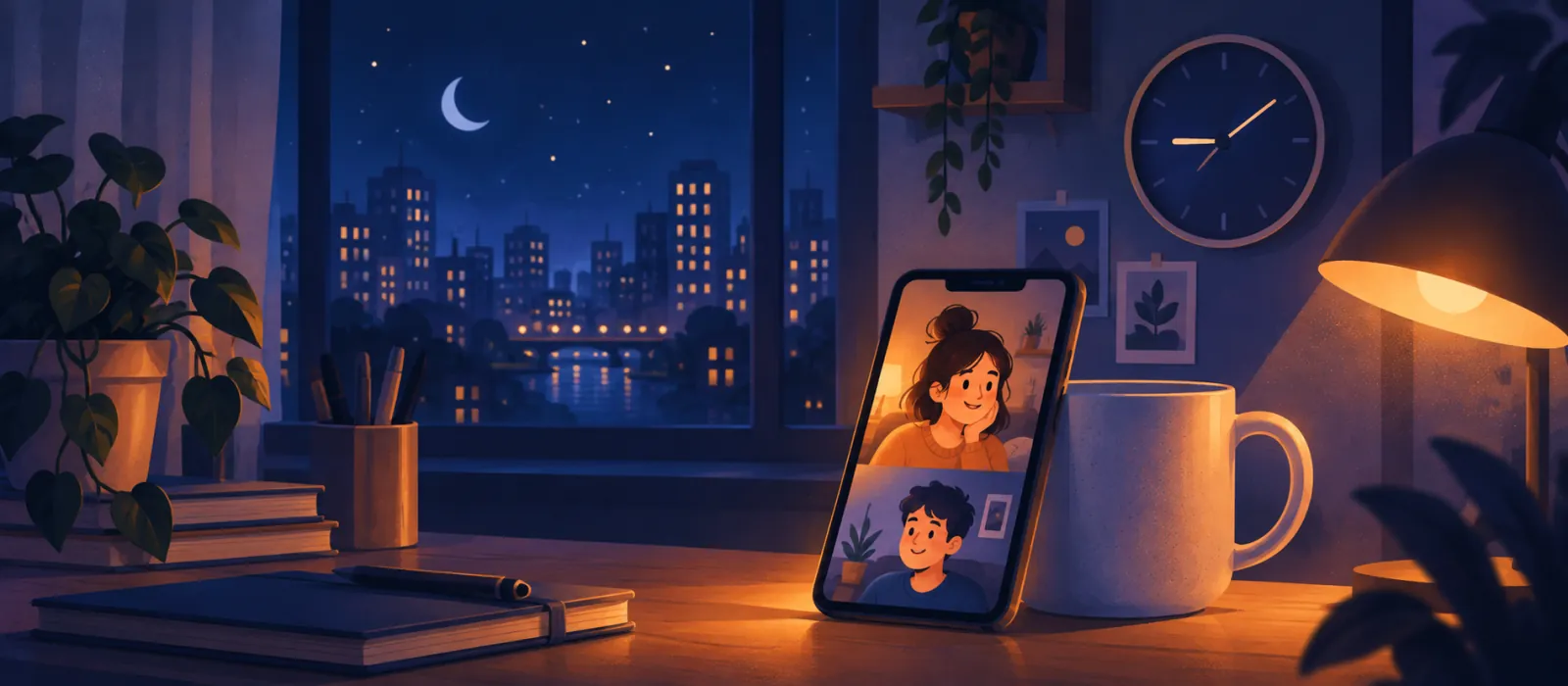 Illustration: a phone propped against a mug on a desk, a video call glowing on screen a little past nine at night