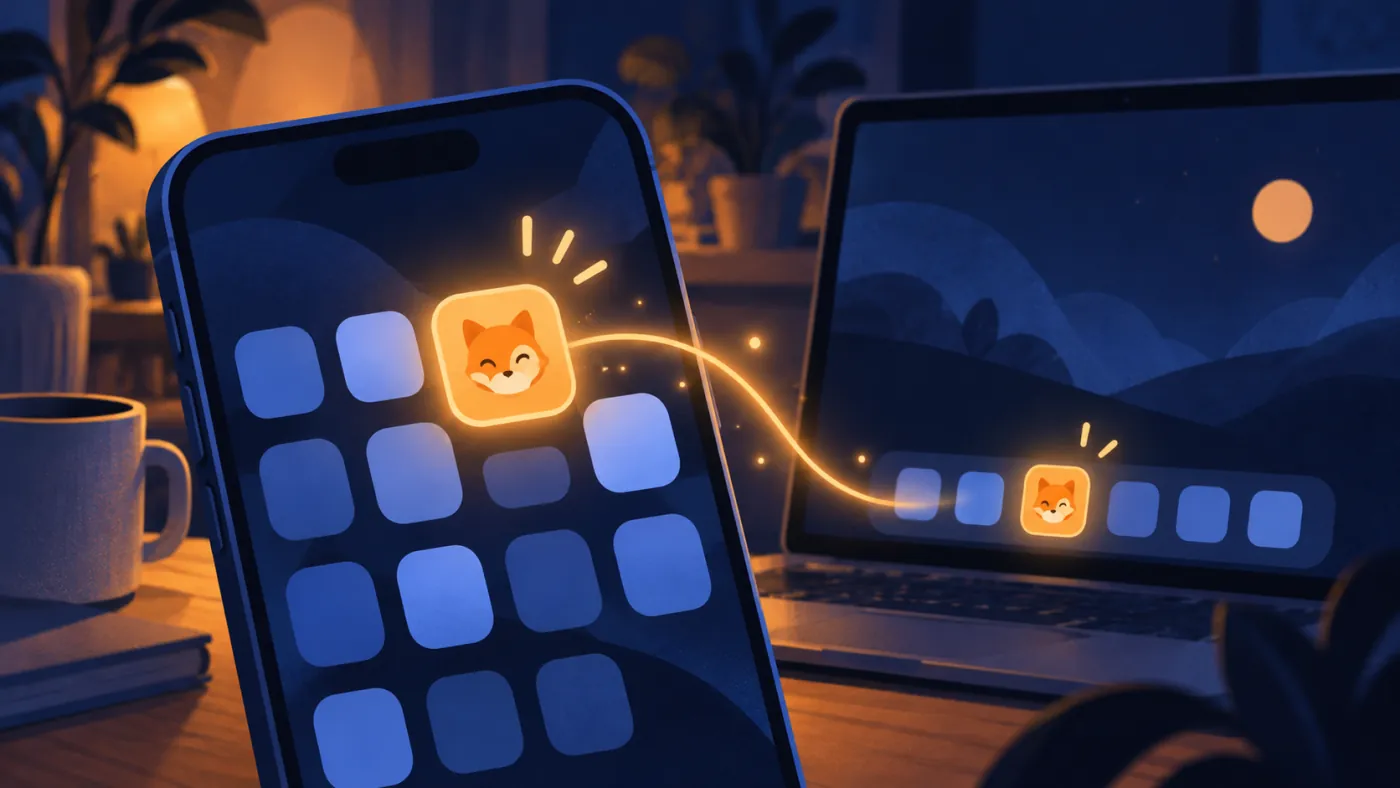 Illustration: the fox app icon on a phone home screen and in a laptop dock