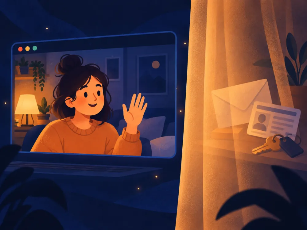 Illustration: a person on a video call with personal items kept out of view behind a curtain