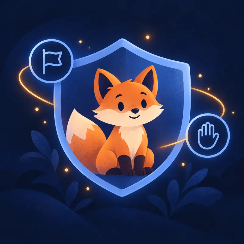 Illustration: a small fox inside a shield with report and stop icons