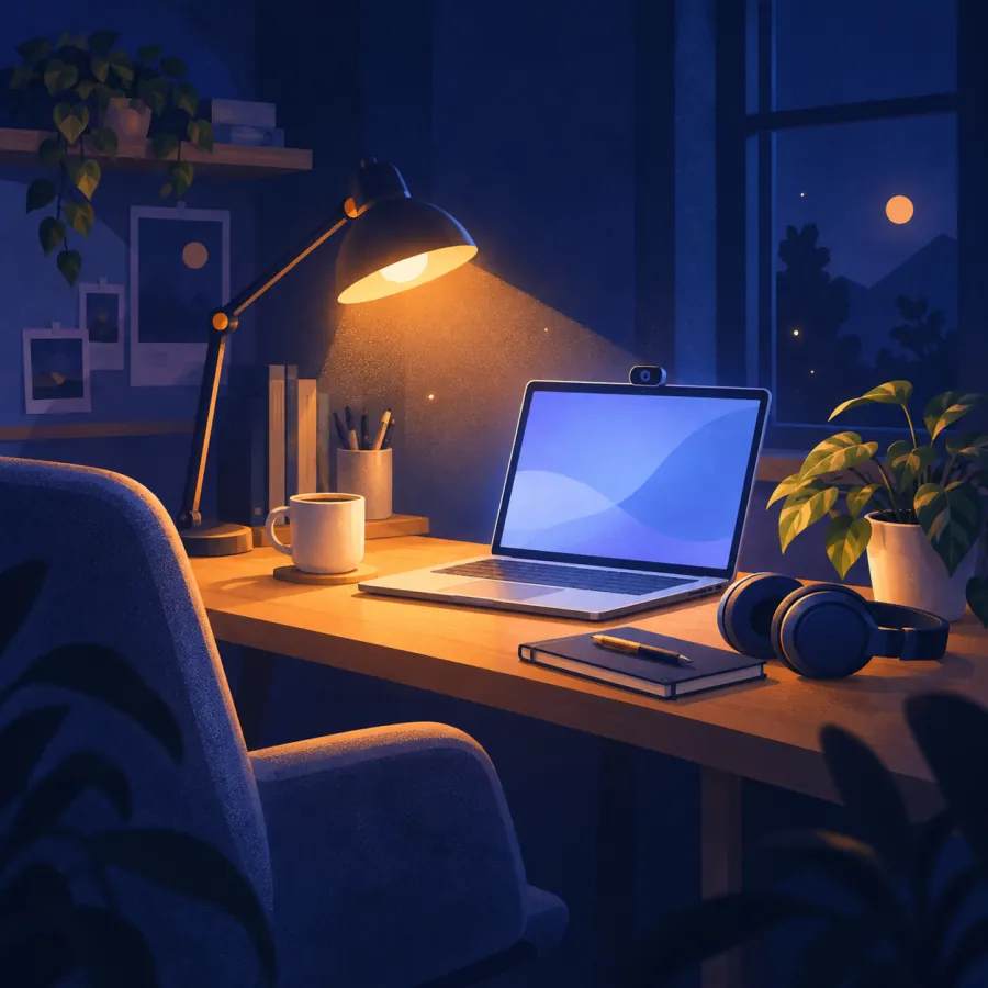 Illustration: a desk with a laptop, a lamp lighting the face position, headphones and a plant