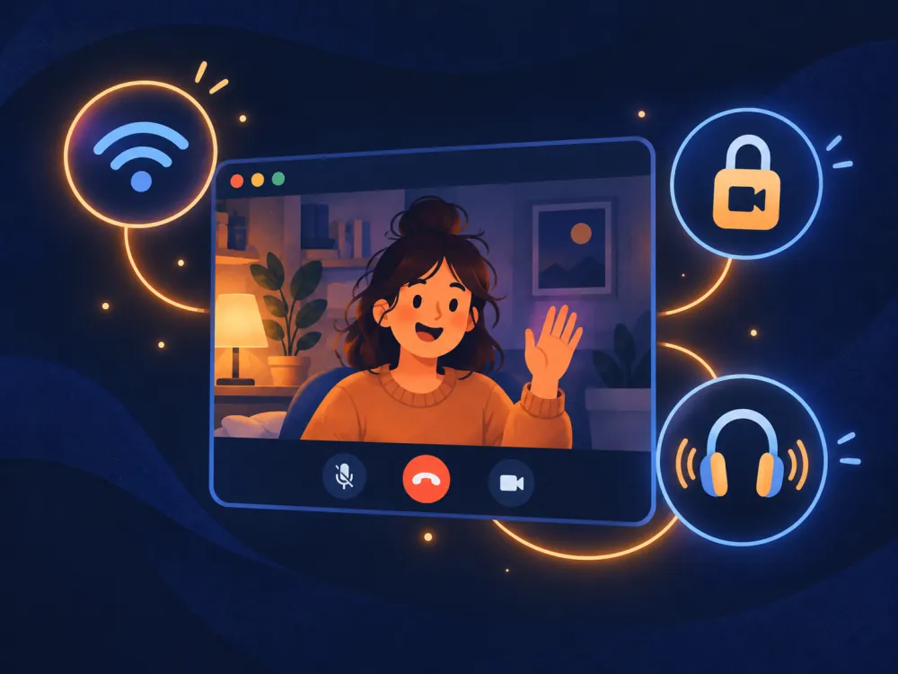 Illustration: a video call window with connection, camera permission and headphone icons